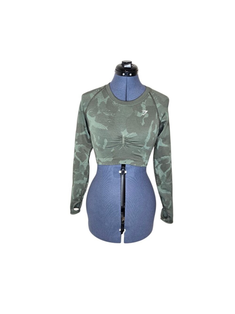 Gymshark Camo Crop Top Women's Medium Green Long Sleeve Ruched Athletic Top